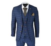 Mens 3 Piece Blue Orange Check Suit Retro Smart Tailored Fit Vintage - Blue 46