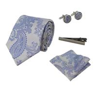 Paul Andrew Paisley Neck Tie Gift Set Pocket Square Cuff Links Floral Satin - Blue