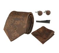 Paul Andrew Paisley Neck Tie Gift Set Pocket Square Cuff Links Floral Satin - Brown