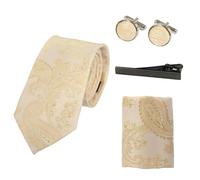 Paul Andrew Paisley Neck Tie Gift Set Pocket Square Cuff Links Floral Satin - Cream