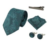 Paul Andrew Paisley Neck Tie Gift Set Pocket Square Cuff Links Floral Satin - Green