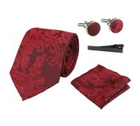 Paul Andrew Paisley Neck Tie Gift Set Pocket Square Cuff Links Floral Satin - Red