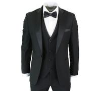 Mens 3 Piece Black Classic Satin Tuxedo Dinner Suit Tailored Fit Wedding Prom