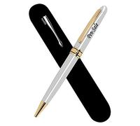 Paul Clover Personalised Engraved Ballpoint Pen with Black Ink in a Classy Velvet Pouch - Personalised Gifts For Christmas, Gifts For Men and Women - Enter Your Custom Text (Silver Gold Trim)