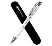 Paul Clover Personalised Engraved Blue Ink Ballpoint Pen with Medium Point - Refillable - Lacquered Aluminium Finish - Incl. Gift-Ready Velvet Pouch & Black Refill - Great Gift for Men, Women - White