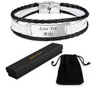 Paul Clover Personalised Mens Leather Bracelet with Gift Box & Velvet Pouch - Personalised Bracelets For Men, Leather Customised Gifts for Husband, Boyfriend, Best Dad (White Silver Plate)