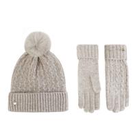 Paul Costelloe Cable Wool Glove and Pom Pom Hat Gift Set KHAKI