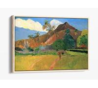 Paul Gauguin, Tahitian Landscape - Blue Canvas Floater Frame Print Picture Art - Light Oak Frame 12 inch wide x 8 inch high
