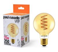 paul russells LED Spiral Filament Edison Screw Light E27 Globe G80, Vintage Industrial Bulbs - Pack of 1 - 25W Equivalent Replacement 4W 250LM Lumens 1800K ES Non-Dimmable Lamps - Retro Amber Glass