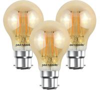 Paul Russells Led Filament Gls Bulb, 4W 380 Lumens, 35W Equivalent, 2200K Extra Warm White Amber, Pack Of 3