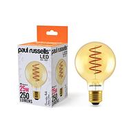 paul russells LED Spiral Filament Edison Screw Light E27 Globe G80, Vintage Industrial Bulbs - Pack of 1 - 25W Equivalent Replacement 4W 250LM Lumens 1800K ES Non-Dimmable Lamps - Retro Amber Glass