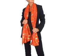Paulo Due Gold Feather Print Soft Voile Lightweight Oversized Scarf - Orange