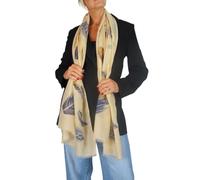 Paulo Due Ladies Lightweight Feather Print Scarf with Gold Lurex Beige