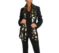 Paulo Due Ladies Lightweight Soft Scarf Shawl Wrap Gold Feather Design Oversized Voile Cotton Stole for Evening or Gift Black