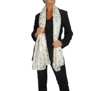 Paulo Due Ladies Lightweight Soft Scarf Shawl Wrap Gold Feather Design Oversized Voile Cotton Stole for Evening or Gift Ivory