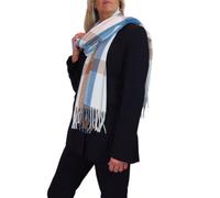 Paulo Due Women's Fine Wool Pashmina Shawl - Supersoft Reversible Plaid Check Blanket Scarf with Tassel Ends, Large Cosy Winter Wrap, Elegant Gift for Women Blue/Brown