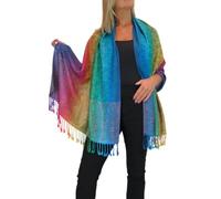 Paulo Due Women's Rainbow Floral Paisley Pashmina Shawl Fine Lightweight Wrap Scarf with Tassel Ends Blue