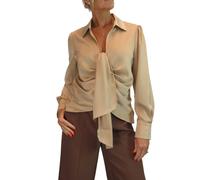 Paulo Due Women's Satin Long Sleeve Draped Front Blouse in Gold | Size: 14 Paulo Due Gold 14