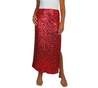 Paulo Due Women's Stretch Sequin Maxi Skirt Ladies Sparkly Elegant Fully Lined Skirt with Open Side Leg Slit Special Occasions Red 8-22 (20-22) XL