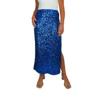 Paulo Due Women's Stretch Sequin Maxi Skirt Ladies Sparkly Elegant Fully Lined Skirt with Open Side Leg Slit Special Occasions Royal Blue 8-22 (12-14) M