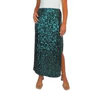 Paulo Due Women's Stretch Sequin Maxi Skirt Ladies Sparkly Elegant Fully Lined Skirt with Open Side Leg Slit Special Occasions Deep Green 8-22 (12-14) M