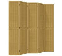 Paulownia 5-Piece Room Divider Screen Brown Solid Wood with Bamboo Panels, Foldable, Freestanding, Opaque, Ideal for Living Room, Bedroom, Office and Indoor Use