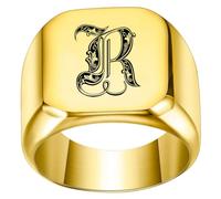 PAURO Men's 18mm Square Initial Letter Signet Rings Gold R Size P 1/2