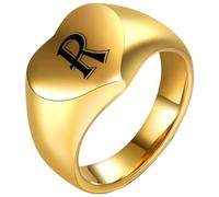 PAURO Men's and Women's Stainless Steel 12MM Simple Engraved 26 English Letters Heart Smooth Ring Gold R Size J 1/2