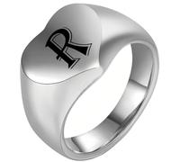 PAURO Men's and Women's Stainless Steel 12MM Simple Heart Engraving Of 26 English Letters Ring Silver R Size J 1/2