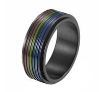 PAURO Men's and Women's Stainless Steel 8MM LGBTQ Pride Happiness Rainbow Rotatable Couple Ring Black Size W