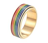 PAURO Men's and Women's Stainless Steel 8MM LGBTQ Pride Happiness Rainbow Rotatable Couple Ring Gold Size L 1/2
