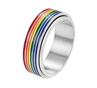 PAURO Men's and Women's Stainless Steel 8MM LGBTQ Pride Happiness Rainbow Rotatable Couple Ring Silver Size U