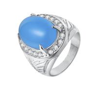 PAURO Men's and Women's Stainless Steel Elegant Feather Design with Rhinestones Egg-shaped Blue Gemstone Ring Silver Size W