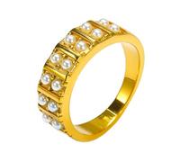 PAURO Men's and Women's Stainless Steel Trends Glamour Couples Double Row of Simulated Pearls Ring Gold Size U
