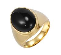 PAURO Men's and Women's Stainless Steel Vintage Personalized Polished Egg-shaped Black Gemstone Ring Gold Size S
