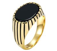 PAURO Men's Oval Black Gemstone Grooved Pattern Rings Gold Size P 1/2