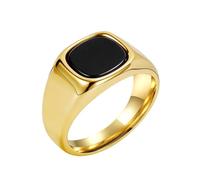 PAURO Men's Square Black Stone Signet Ring Classic Minimalist Polish Plain Gemstone Band Ring Gold Size Y