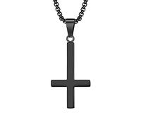 PAURO Mens Stainless Steel Black Inverted Cross Necklace Upside Down Pendant Charm with 24 Inches Chain Small