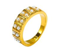 PAURO Men's Stainless Steel Exquisite Personality Retro Double Row Imitation Pearl Temperament Ring Gold Size P 1/2