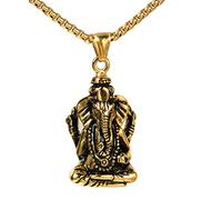 PAURO Men's Stainless Steel Ganesha Elephant God of Success Lucky Pendant Necklace Vintage Gold Black