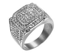 PAURO Men's Stainless Steel Hip Hop Punk Iced Out Cubic Zirconia Square Rings Micro Pave CZ Wedding Bands Silver Size Z+1