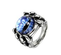 PAURO Mens Stainless Steel Retro Dragon Claw Evil Devil Skull Eyeball Ring Punk Jewellery Dark Blue Eyes Silver Size S
