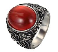 PAURO Mens Stainless Steel Silver Tone Classic Gemstone Oval Ruby Ring with Vintage Pattern Red Size V