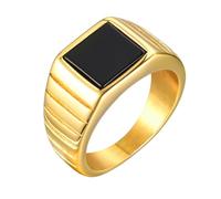 PAURO Men's Stainless Steel Square Black Stone Signet Ring Gemstone with Step style Engraved Sides Rings Gold Size U
