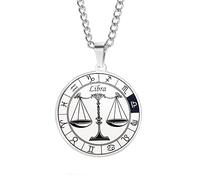 PAURO Men's Stainless Steel Vintage Domineering 12 Constellations Round Signet Zodiac Necklace Silver Black Libra
