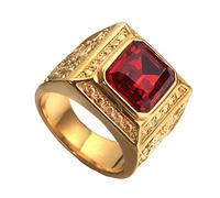 PAURO Men's Stainless Steel Vintage Golden Square Ring Chinese Style Domineering Dragon with Big Stone Red Size 11