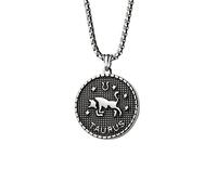 PAURO Men's Stainless Steel Vintage Hip Hop 12 Constellations Round Signet Zodiac Necklace Silver Black Taurus