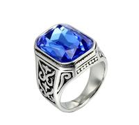 PAURO Mens Stainless Steel Vintage Square Large Blue Zircon Gemstone Thumb Pinky Ring Silver Black Plated Side, Size N 1/2