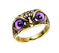PAURO Men's Women's Vintage Animal Owl Head Gothic Biker Gemstone Ring Gold Purple Size N 1/2