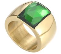 PAURO Stainless Steel Gemstone Rings for Women Wide Band with Square Cut Classic Elegant Simple Cocktail Wedding Promise Band Jewelry Gold Green Size N 1/2